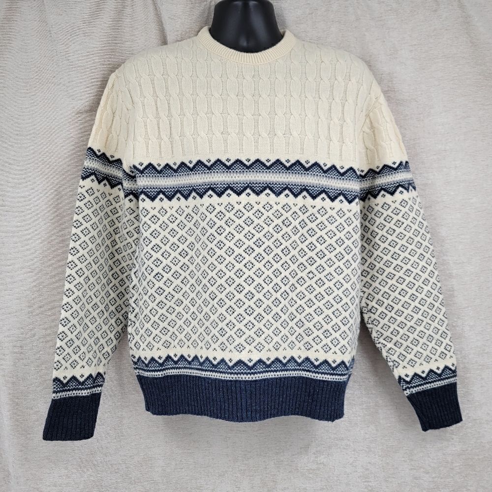Lord Jeff Vintage 70s Cable Knit Fair Isle Nordic Pattern White Blue Crewneck